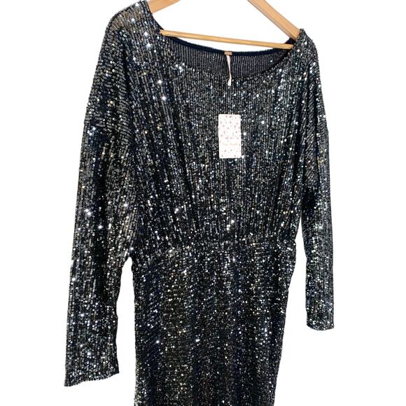 Free People NEW Giselle Sequin Long Sleeve Gathered Hem Mini Dress Black Large - Picture 5 of 11